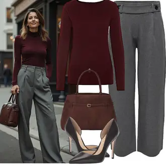 Ausgefallene Ab 50 Outfit mit Dunkelbraun/Braun/Grau/Dunkelrot Schultertasche/Schulranzen/Mannstasche/Tragetasche/Tasche Büro/Businesstasche "Modisches Frühlingsoutfit"Look: Classic, Safari, Ausgefallene, Schick, Premium, Smart Casual, Glamourös, Old Money, Französische, Italienische, Casual, Trendige, Büro, Feine, Elegant, Vintage, Edel