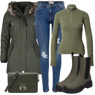 Outfit mit Dunkelgrün Chelsea Boot/Gummistiefelette/Gummistiefel/Lederjacke Dockers by Gerli "Leichtes Outfit"
