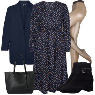 Outfit mit Dunkelblau/Blau/Lila HerbstKleid/Französisches Kleid/Langärmliges Kleid/Langärmliges WinterKleid/Nicki Kleid/Polka Dot-Kleid/Bedrucktes Kleid VERO MODA "Business Outfits"