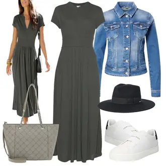 Dlouhé Po Lýtka Outfit s Tmavě šedá/Tmavě zelená/Šedá/Khaki Dlouhé Šaty/Dlouhé Letní Šaty/Dlouhé pletené šaty/Šaty v Délce do Lýtka/Společenské šaty pro hosta/Žerzejové Šaty/Občanské šaty/Maxi Šaty Lascana "Vzhledy pro volný čas"