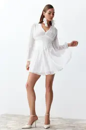 Bridal White A-Cut Corset Detailed Woven Short Elegant Evening Dress