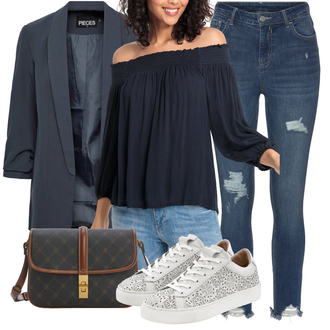 Off Shoulder Outfit mit Blau/Dunkelblau Jeans mit Loch/Leather jackets/Jeans mit Schlitz/Ankle Boot/Push up Jeans/Damen 7/8-Länge Jeans/Cropped Jeans Buffalo "Freizeit Outfit"