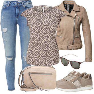 Outfit mit Beige/Khaki/Grau/Braun Vintage Lederjacke/Motorradjacke/Lederjacke/Jacke mit Seitlichem Reißverschluss/KunstLederjacke/Bikerjacke gipsy by mauritius "Perfekt für die Freizeit"