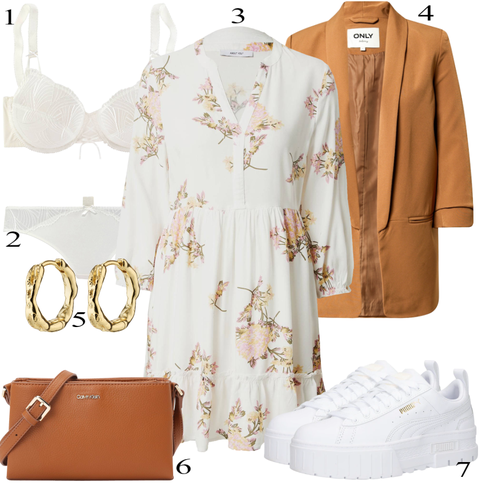 Comment poter Doré/Beige/Jaune Bijou Clip d'Oreille/Créole Pilgrim avec Beige/Crème/Marron/Blanc Robe à Manches 3/4/Chemisier Robe/Boho Habille l'Été/Boho Robe Élégante/Robe Imprimée/Bureau de Mariage Civil Robe/Robe d'Été/Tunique Robe/Tunique Classique/Tunique Élégante/Tunique Fantaisie/Tunique Festive/Tunique A-ligne/Chemisier-tunique/Robe Grande Taille/Tunique About You