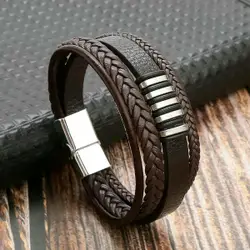 Leerella Echte Leer Armband dames en heren  4 snoer  bruin gevlochten leer rond - zilver RVS sluiting - Model O - Valentijnsdag - Cadeautjes
