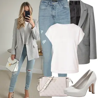 Outfit mit HellBlau/Blau Lederjacke/Damen 7/8-Länge Jeans/Ankle Boot/Jeans mit Schlitz/Jeans mit Loch/Push up Jeans/Leather jackets/Schlupfjeans/Cuir Chaussures VERO MODA "Frühling outfit"