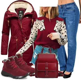 Outfit mit Bordeaux/DunkelRot/Rot Langer Wintermantel/Goretex Mantel/Kapuzenmantel/Duffle Mantel/Outdoormantel/Wintermantel/Mantel mit Reißverschluss/Parka Ragwear "Trendiges Herbst Outfit"