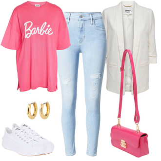Lang Outfit mit Weiß/Creme/Schwarz Mantel/Strick Große/Bluse und Tunika Tunika/Boyfriend Blazer/Eleganter Blazer/Longblazer/Oversize Blazer Only "Barbie Freizeitoutfit"