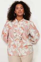 Curve Orange Floral Ruffled Chiffon Woven Shirt