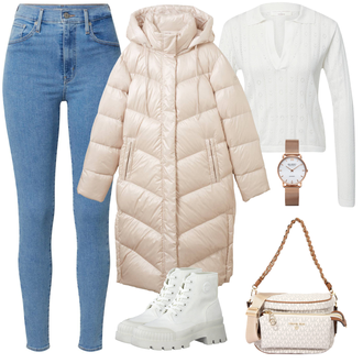 Outfit mit Beige/Khaki/Rosa/Braun Daunenmantel/Leichter Mantel/Langer Daunenmantel/Langer Wintermantel/Steppmantel/Wintermantel Tom Tailor "Beiger Look"
