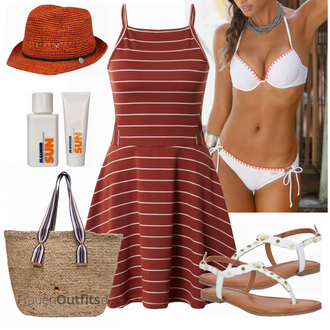 Gestreift Outfit mit Rot/Braun/Orange Kleid Große Größe/A-Linien Kleid/Lässiges Kleid/Fit & Flare Kleid/Neckholder Kleid/Hochgeschlossenes Kleid/Jerseykleid/SkaterKleid/Ärmelloses Kleid/Sommerkleid Only "Strand Outfit"