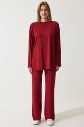 Happiness stanbul Women's Red Corded Knitted Blouse Trousers Set