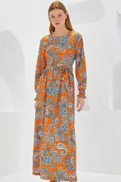 Women's Orange Floral Patterned Knitted Hijab Dress 1525