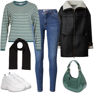Outfit mit Blau/Dunkelblau/Hellblau Lederjacke/Damen 7/8-Länge Jeans/High Waist Jeans/Jeans mit Schlitz/Push up Jeans/Schlupfjeans/Leder Schuhe/Winterjacke Vila "Streifen Outfit"