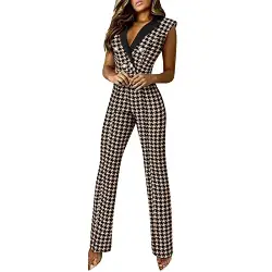 MNRIUOCII Damen Elegant Business Anzug Set Slim Fit Business Jumpsuit Armellos Kariert Hosenanzug Skinny Fit Vintage Knopf Playsuit Lässige Büro Formal Romper Casual Outfits Anzug Farbblock