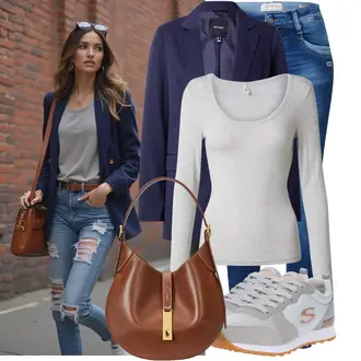 Outfit mit Grau/Weiß/Creme Schnürer/Orthopädischer Schuh/Plateau-Sneaker/Hausschuh Pantoffel/Skateschuh Skechers "Freizeit Outfit für den Frühling"