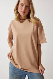 Happiness stanbul Women's Dark Beige Crew Neck Basic Oversize Knitted T-Shirt