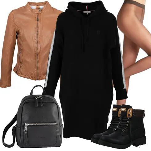 Schwarz Pulloverkleid/Hoodie Kleid/Strickkleid/Winter Strickkleid Tommy Hilfiger kombinieren mit Schwarz Winter Stiefelette/Wasserdichter Stiefel/Schnürstiefelette/Gefütterte Stiefelette/Lederjacke/Motorradstiefel/Springerstiefel/Biker Boot SCARPE VITA