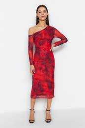 Red Patterned Lined Fitted Asymmetrical Collar Flexible Knitted Midi Pencil Dress