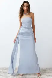 Blue Glitter Knitted Long Elegant Evening Dress