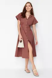 Brown Waist Opening Midi Woven Shirt Dress