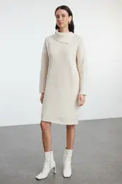 Stone Mini Knitwear Soft Texture Turn-down Collar Dress