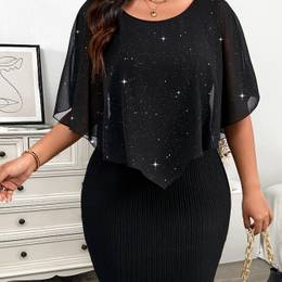 Plus Size Elegant Midi Dress For Women - Casual Stretch With Sparkling Detail, Hooded Design, Machine Washable, Polyester & Elastane , Plus Size
