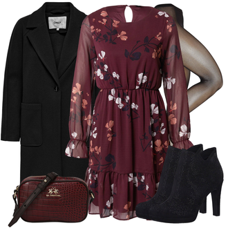 Outfit mit Lila/Bordeaux/Rosa Chiffon Kleid/HerbstKleid/Geblümte Kleid/Langärmliges Kleid/Bedrucktes Kleid VERO MODA "Abend Outfit"