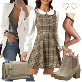 Outfit mit Braun/Beige Latzkleid/Tweed Kleid/Herbstkleid/Strapskleid/Flanell Kleid Allegra K "Cooles Herbst Outfit"