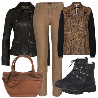 Outfit mit Schwarz/Dunkelbraun/Khaki/Dunkelgrün/Braun Bikerjacke/KunstLederjacke/Lederjacke/Motorradjacke/Vintage Lederjacke Oakwood "Almut"