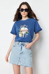 Indigo 100% Cotton Printed and Faded Effect Boyfriend Knitted T-Shirt