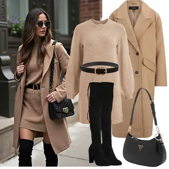Outfit mit Schwarz Overknee Stiefel/Flache Overknee Stiefel/Kniehoher Stiefel/Leder Overknee Stiefel/Langer Stiefel About You "Frühling outfit"