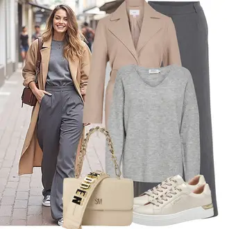 Outfit mit Hellgrau/Grau/Dunkelgrau/Khaki Hose Große Größe/Business Hose/Carpenter Hose/Bügelfaltenhose/Anzughose/Marlenehose/Musselin Hose/Hose mit Schlitz/Bundfaltenhose/Schlupfhose/Trachtenhose/Twill Hose/Weite Hose Vila "Modisches Frühlingsoutfit"