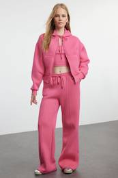Pink 3-Piece Fleece Hooded Relaxed Knitted Tracksuit Set