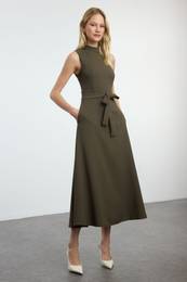 Khaki Belted Waist Opening Stand Collar Midi Woven Dress