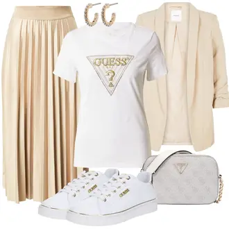 Outfit mit Dunkelgrün/Beige/Grün/Khaki/Hellgrün/Weiß Sneaker Low/Canvas-Sneaker/Leder Sneaker/Plateau-Sneaker/Schmaler Sneaker/Sneaker Mit Lochmuster/Sneaker Mit Seitlichem Reißverschluss/Sommer Sneaker/Vintage Sneaker Guess "Schöner Sommer Look"