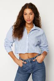 Blue Striped Low Sleeve Crop Regular Fit Woven Shirt