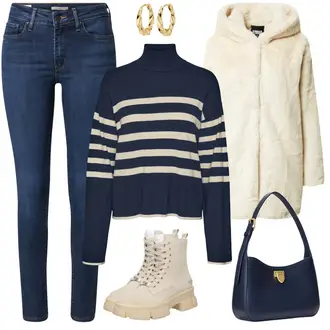 Outfit mit Beige/Khaki/Braun Schnürstiefelette/Lederjacke/Klassischer Stiefel/Springerstiefel/Gefütterte Stiefelette/Winter Sneaker Steve Madden "Streifen Alltagsoutfit"