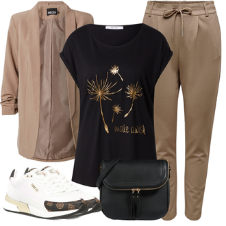 Lang Outfit mit Braun/Beige/Grau Mantel/Bluse und Tunika Tunika/3/4 Bluse/Blusenbody/Bluse mit Stehkragen/Business Bluse/Longbluse/Offene Bluse/Blusenblazer/Boyfriend Blazer/Eleganter Blazer/Longblazer/Oversize Blazer Pieces "Farbliches Frühlingsoutfit"
