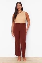 Curve Brown High Waist Ribbed Stitched Spanish Leg Woven Fabric Trousers
