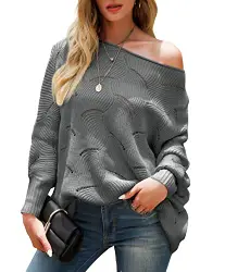 Onfettic Damen Pullover Rundhals Lose Strickpullover Elegant Aushöhlen Pullover Oversized Lange Ärmel Pullover（Dunkelgrau,L