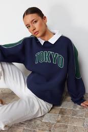 Navy Blue Thick Inner Fleece Color Block Polo Neck Regular Fit Knitted Sweatshirt