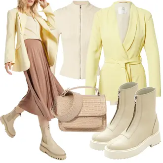 Lack Outfit mit Beige/Khaki Stiefel Lederjacke/Flache Stiefelette/Sneaker Mit Seitlichem Reißverschluss/Stiefel Mit Reißverschluss Edited "Eleganter Look"Look: Uni, Outdoor, Techno, Unisex, Duckfeet, Safari, Bundeswehr, Trendige, Lack, Egirl, Elegant