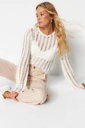 Ecru Mesh Spanish Sleeve Slim Fit Crop Crew Neck Knitted Blouse