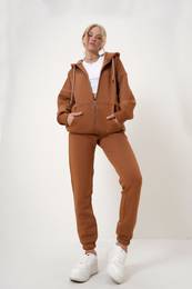 Trend Alaat Stili Women's Cinnamon Hooded Kangaroo Pocket 3 Yarn Inside Raised Tracksuit
