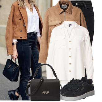 viskóza Outfit sa Kaki/Bijela/Krem/Tamnoplava Bluza Veći Broj VERO MODA "Lijepi proljetni outfit"