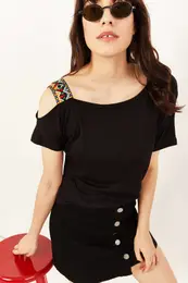 Women's Black One-Shoulder Ethnic Garnish Blouse