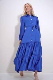 Trend Alaat Stili Women's Saks Shirt Collar Stone Button Detailed Skirt Frilly Woven Viscose Dress