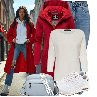 Herbst Outfit mit Dunkelrot/Rot Scuba-Mantel/Duffle Mantel/Strickfleece Mantel/Kapuzenmantel/Mantel mit Reißverschluss/Fleecemantel/Schmal Geschnittener Mantel/Wintermantel Wollmantel/Wollfleece Mantel MARIKOO "Praktischer Look"