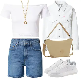 Off Shoulder Outfit mit Weiß/Creme Crop Top/Carmenshirt/Schulterfreies Top Calvin Klein Jeans "Vestito per l'estate"